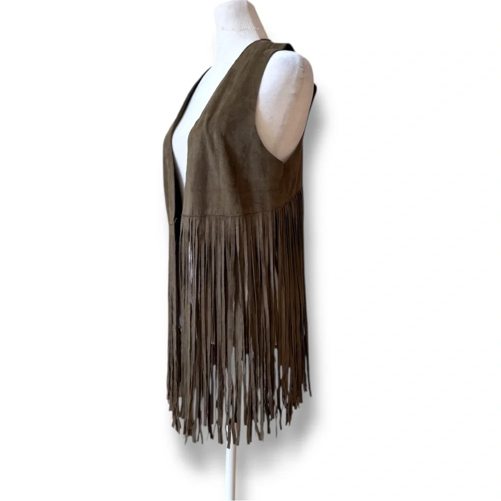 FATE Woodstock Olive Green Faux Suede Fringe Vest Western Festival Boho  Small - Picture 5 of 13